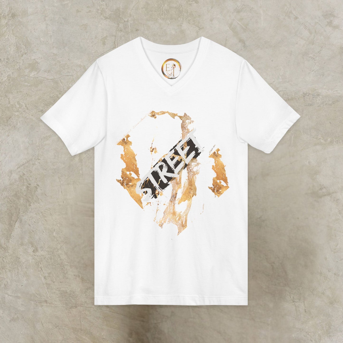 White EssenceInnoCreate t-shirt with graphic design on a textured gray background