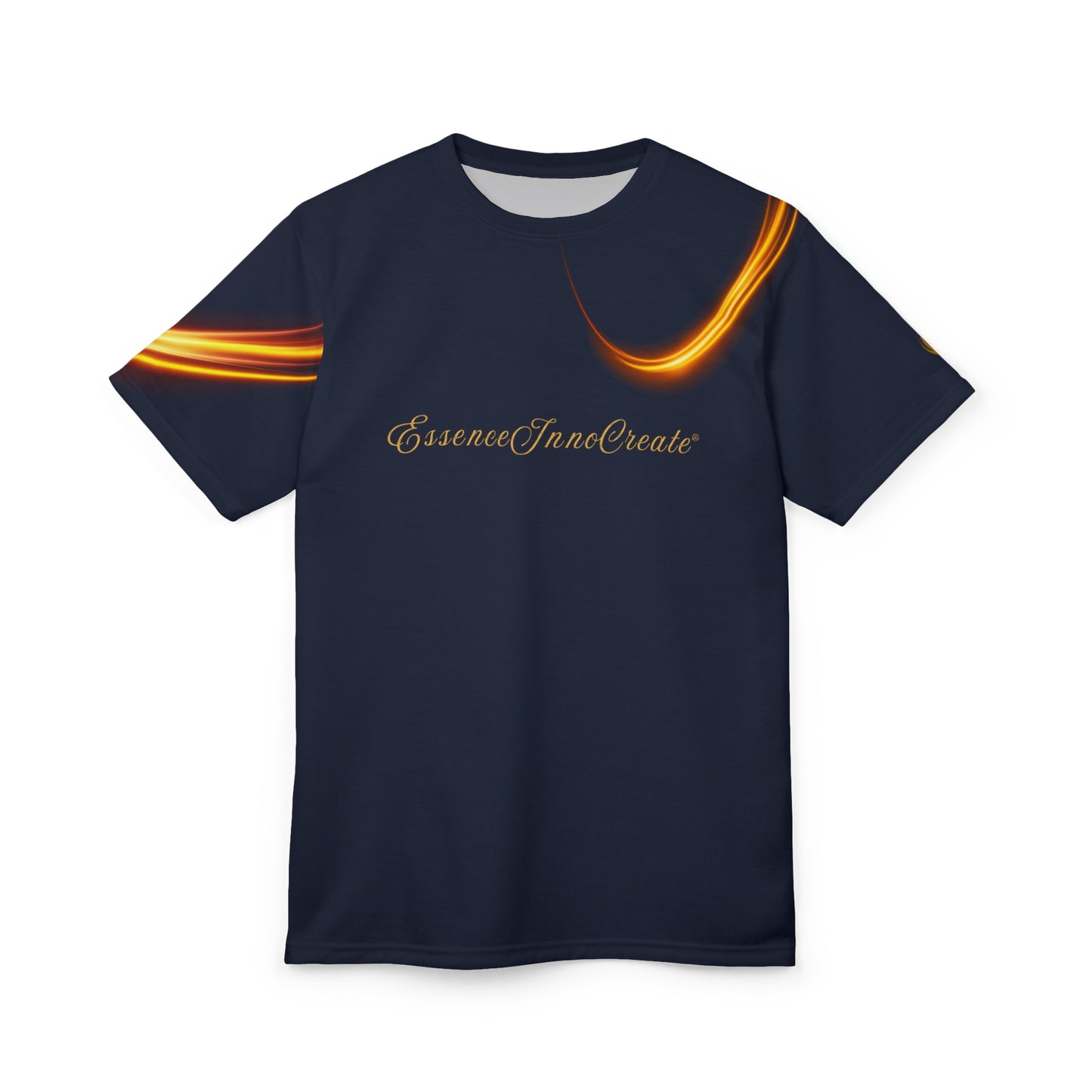 Navy blue t-shirt with orange and yellow stripes on sleeves and 'EssenceJunoCreate' logo on a white background
