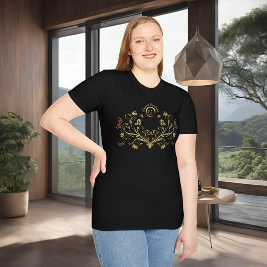 Person wearing a black t-shirt with a decorative Essence Innovation Bohemian Butterfly design in a room with large windows.