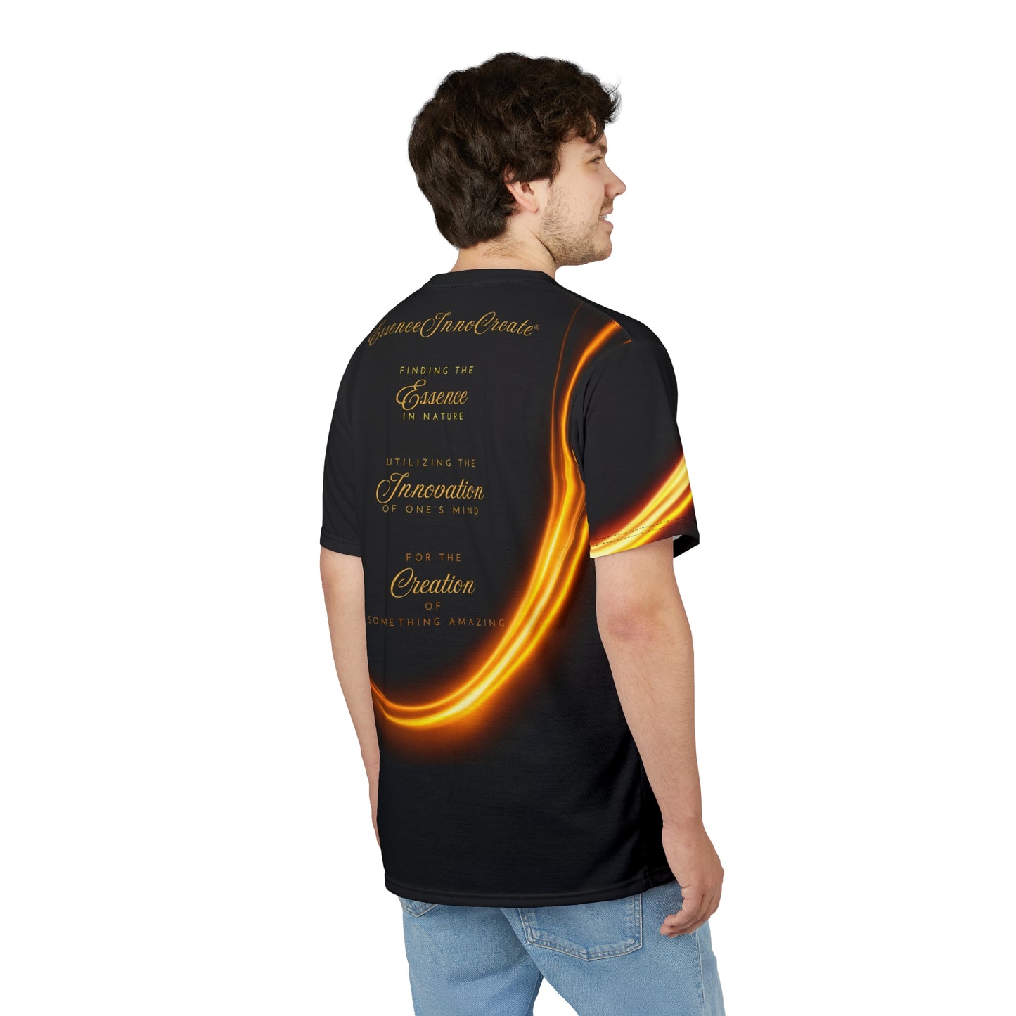 Man wearing a black 'EssenceInnoCreate' t-shirt with a design on the back, standing against a white background