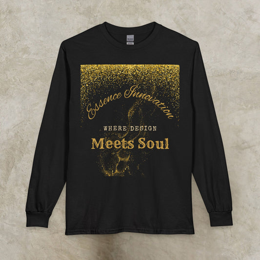 Black long-sleeve shirt with gold Essence Innovation 'Design Meets Soul' text and design on a textured beige background