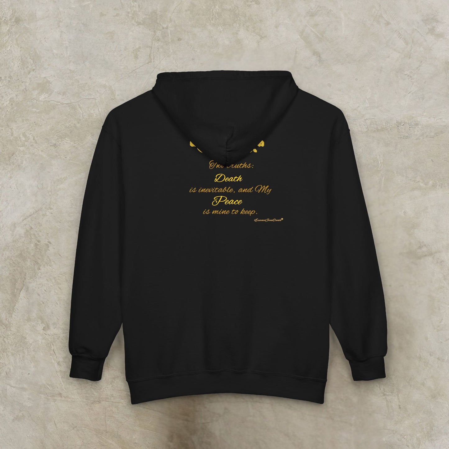 Black Essence Innovation 'One Life' hoodie with gold text on a textured beige background