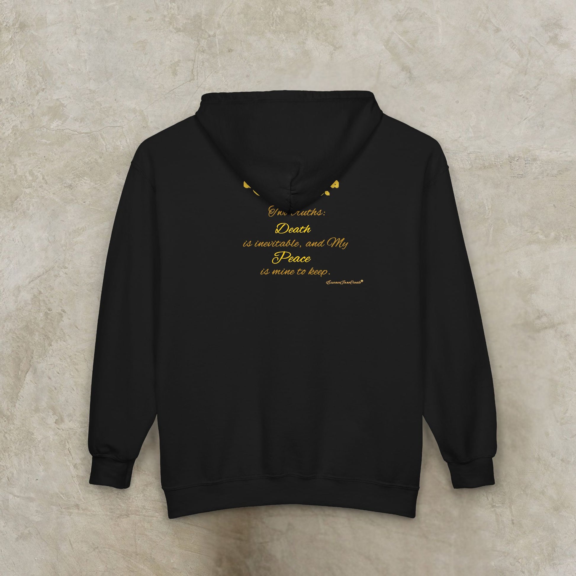 Black Essence Innovation 'One Life' hoodie with gold text on a textured beige background