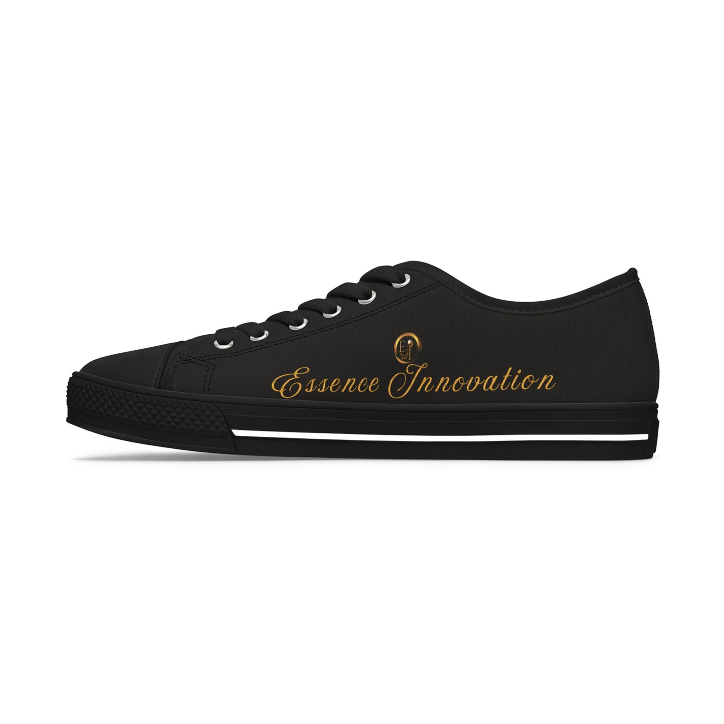 Black Essence Innovation sneaker with yellow text on a white background