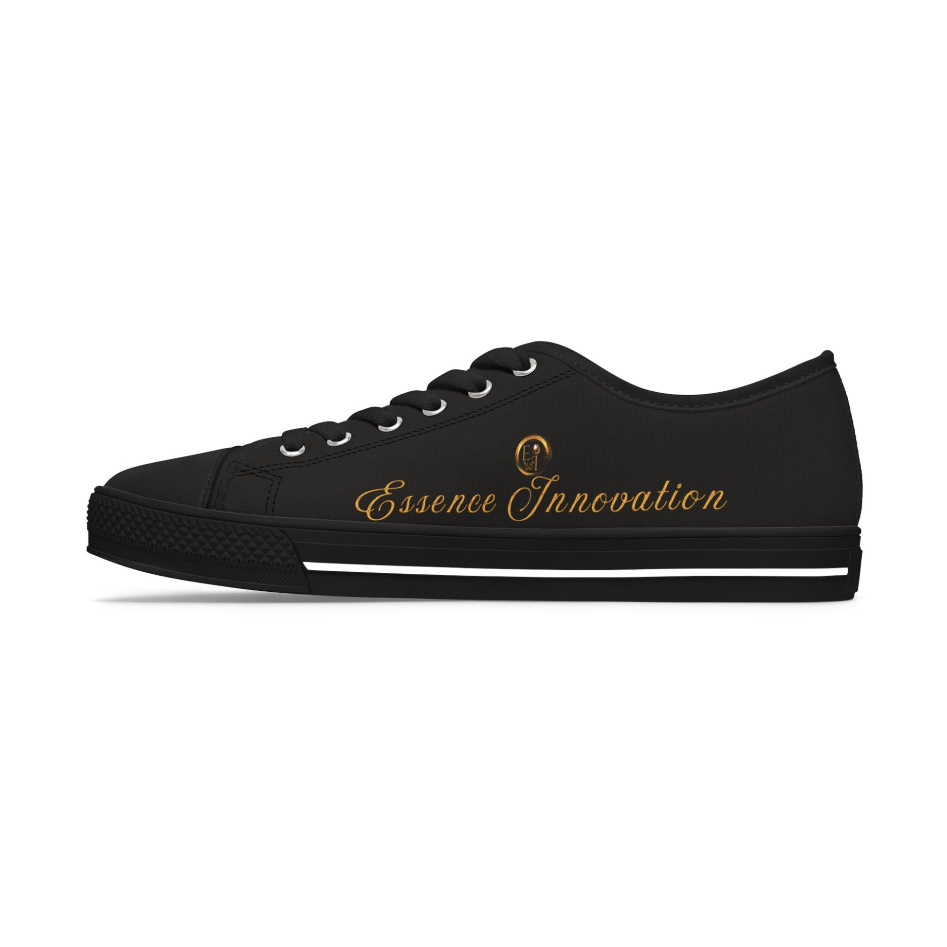 Black Essence Innovation sneaker with yellow text on a white background