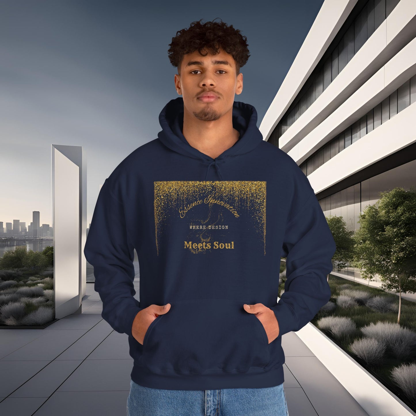 Person wearing a navy blue hoodie with Essence Innovation 'Design Meets Soul' text in an urban setting