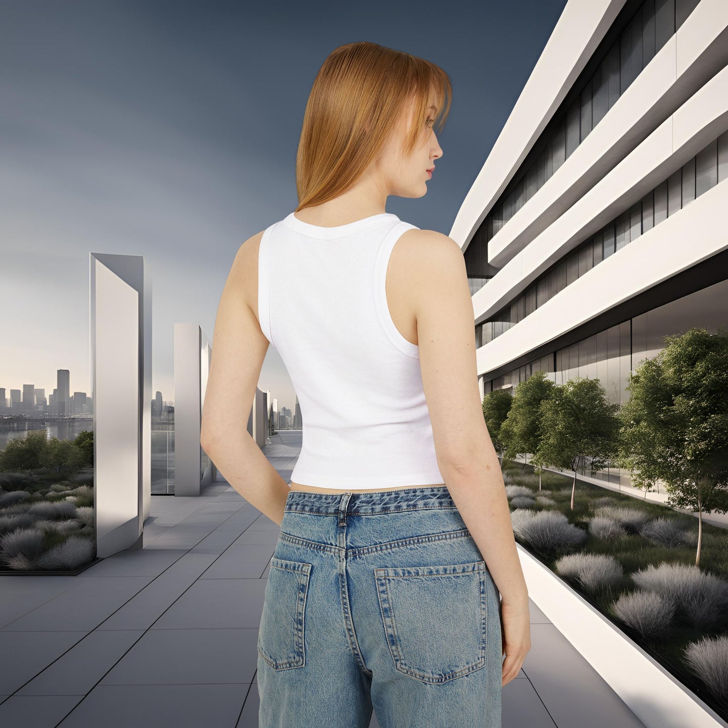Woman standing in a modern urban setting with a building and greenery in the background
