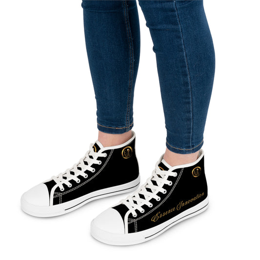 Black high-top 'Essence Innovation' sneakers with white text worn with blue jeans on a white background