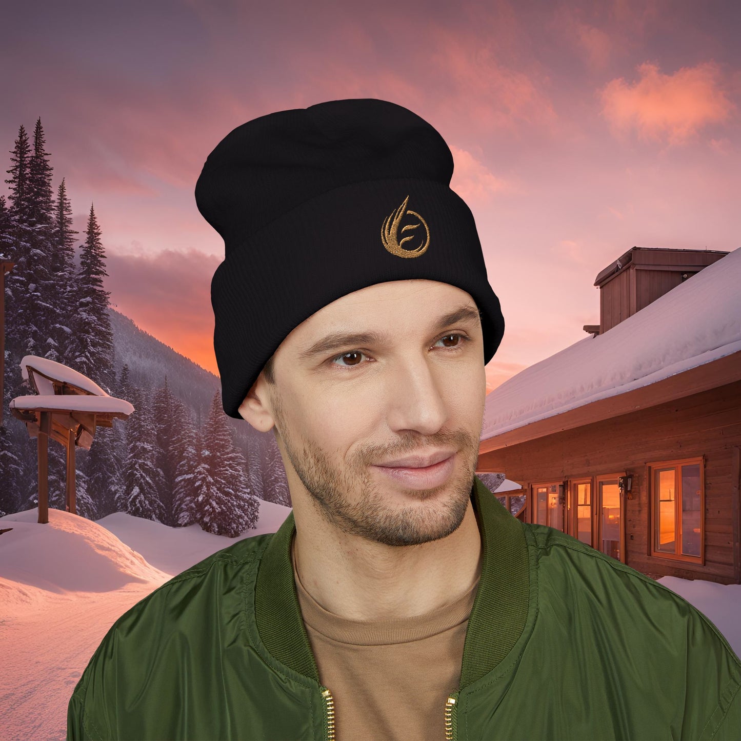 Man wearing a black beanie with a EssenceInnoCreate logo in front of a snowy cabin at sunset.