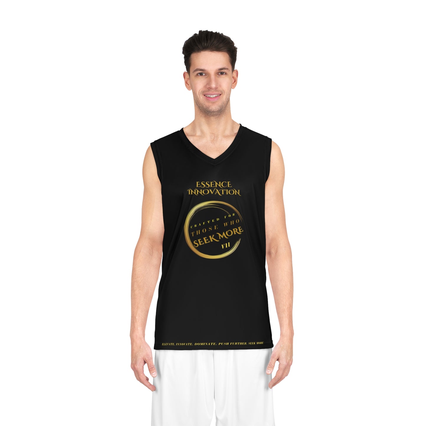 Man wearing a black sleeveless shirt with gold Essence Innovation Seek More text on a white background