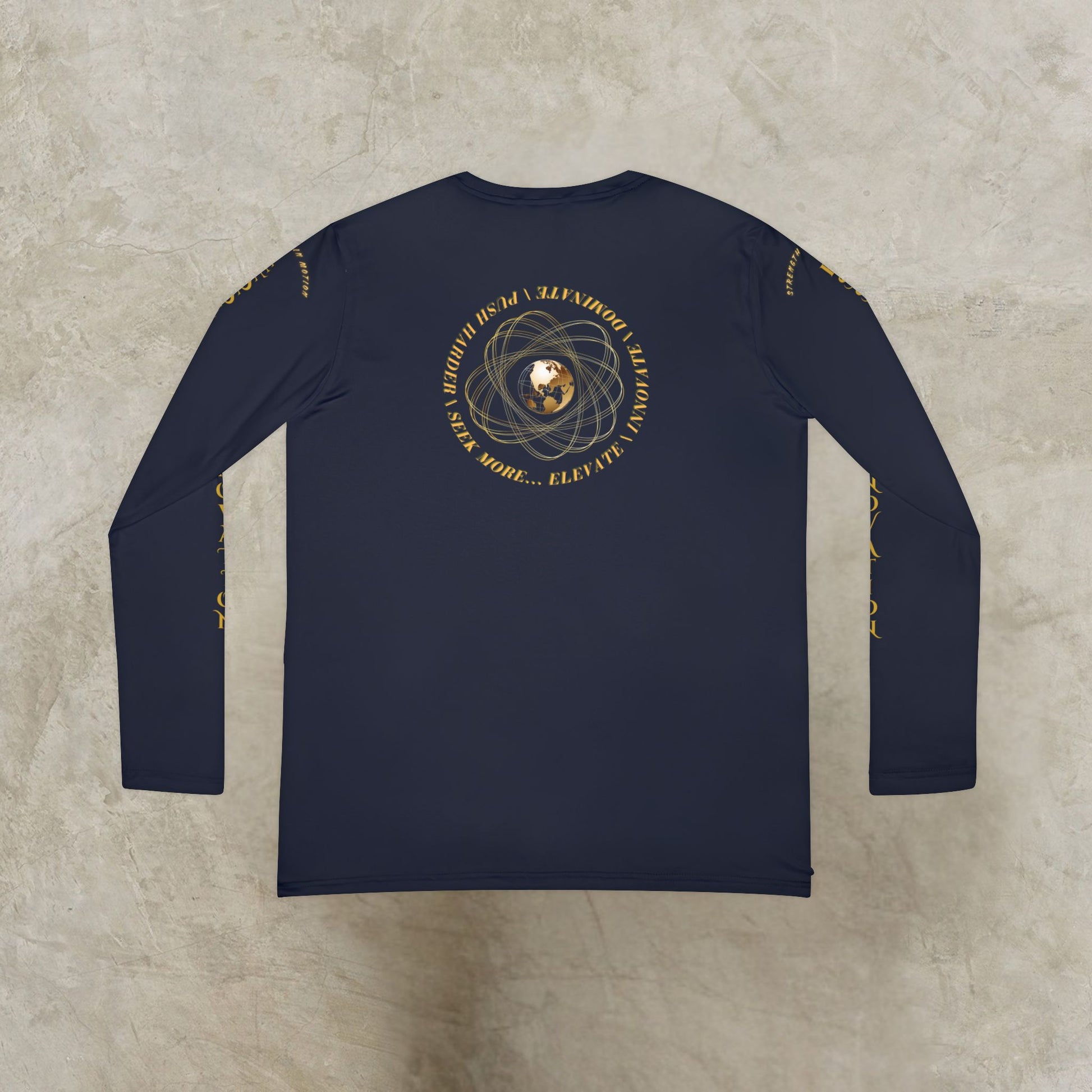 Navy long-sleeve Essence Innovation shirt with gold circular design from the Seek More Collection on a textured beige background