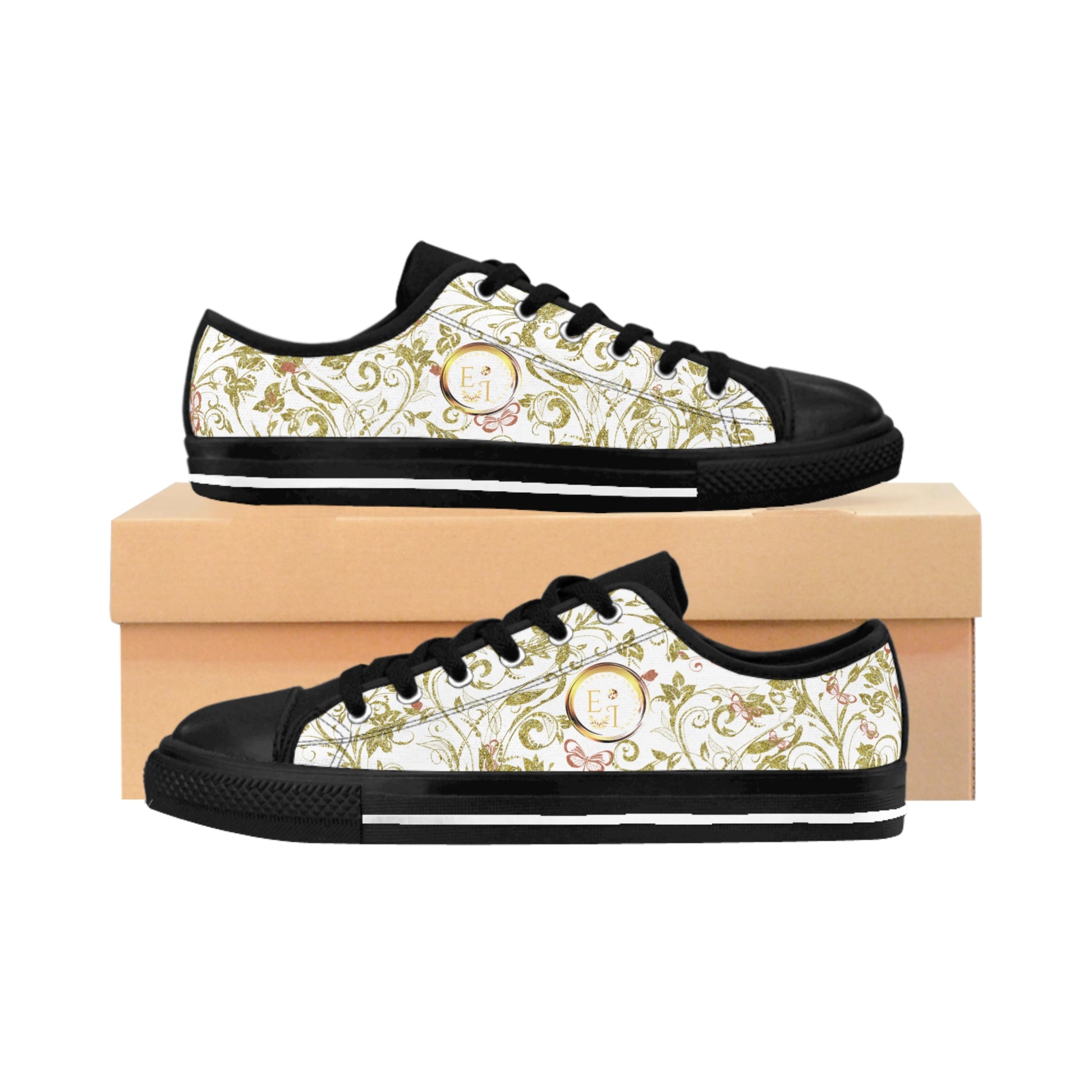 Pair of white Essence Innovation sneakers with floral pattern on a white background