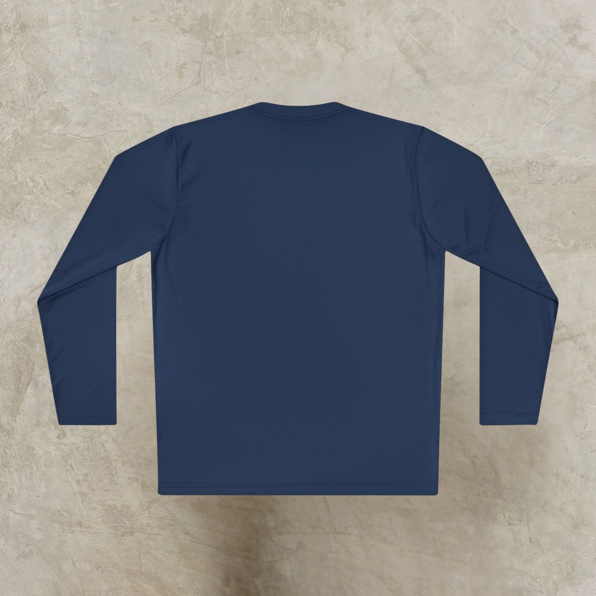 'EssenceInnoCreate' Navy blue long-sleeve shirt on a beige surface