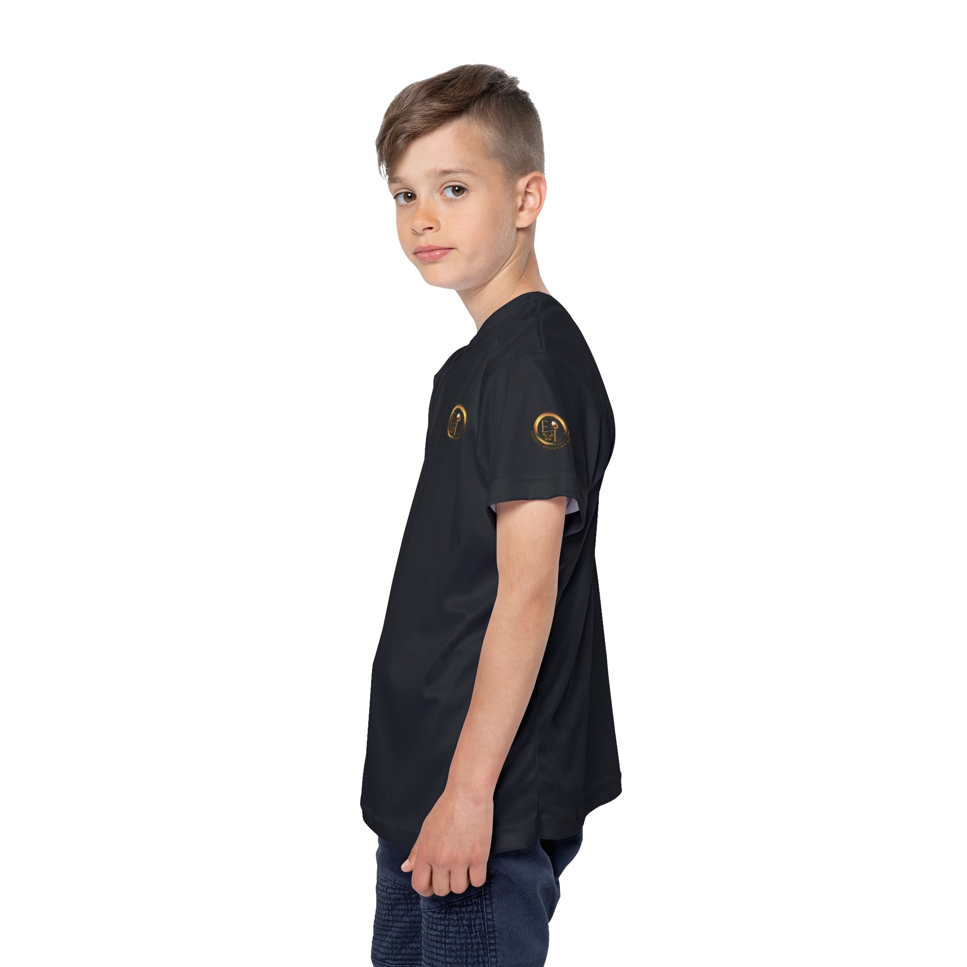 Child wearing a black Essence Innovation t-shirt with gold accents on a white background