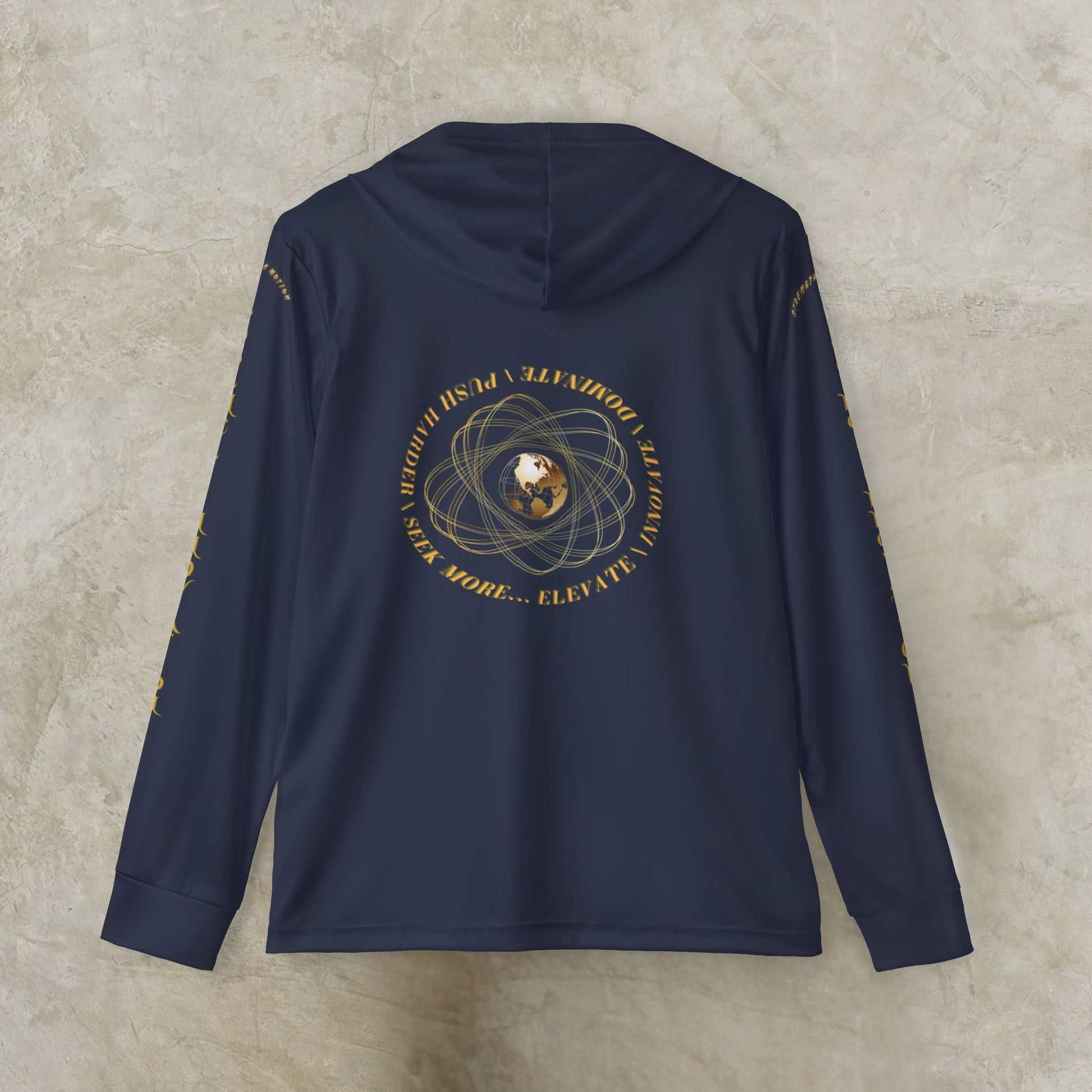 Navy blue Essence Innovation Seek More hoodie with gold circular design on the back against a beige background