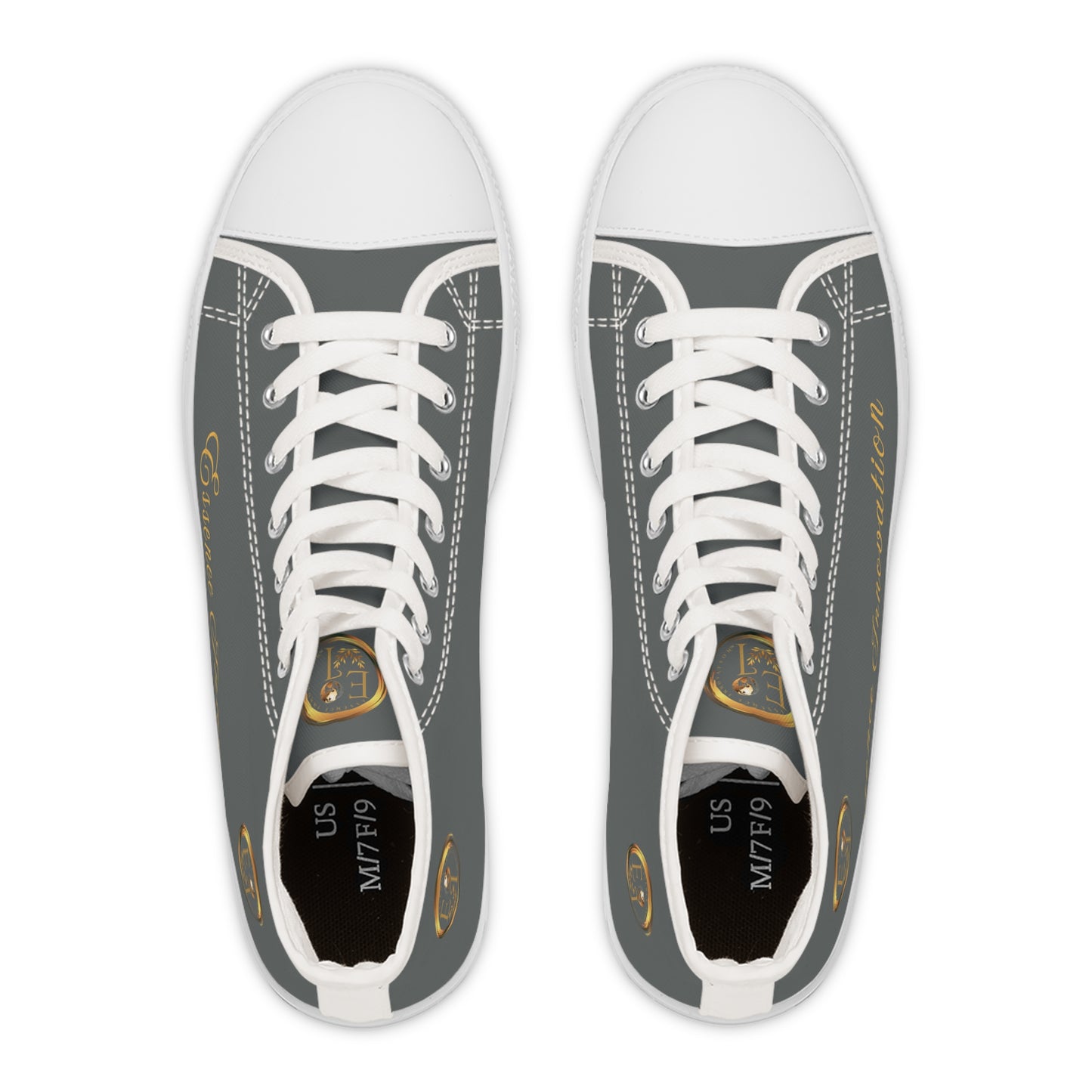 Pair of gray 'Essence Innovation' sneakers with white laces on a white background