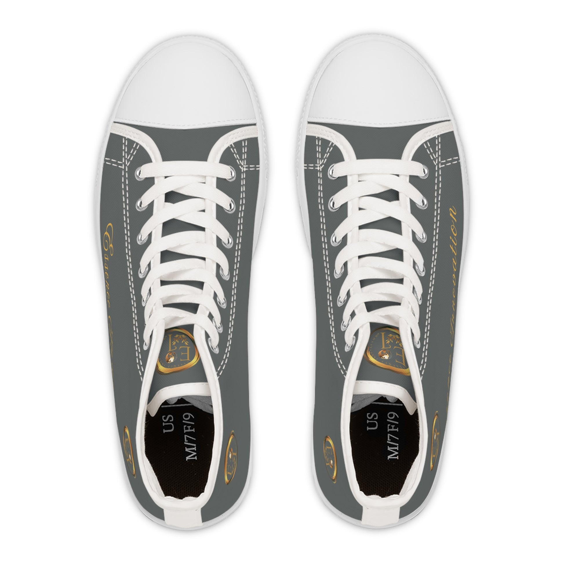 Pair of gray 'Essence Innovation' sneakers with white laces on a white background