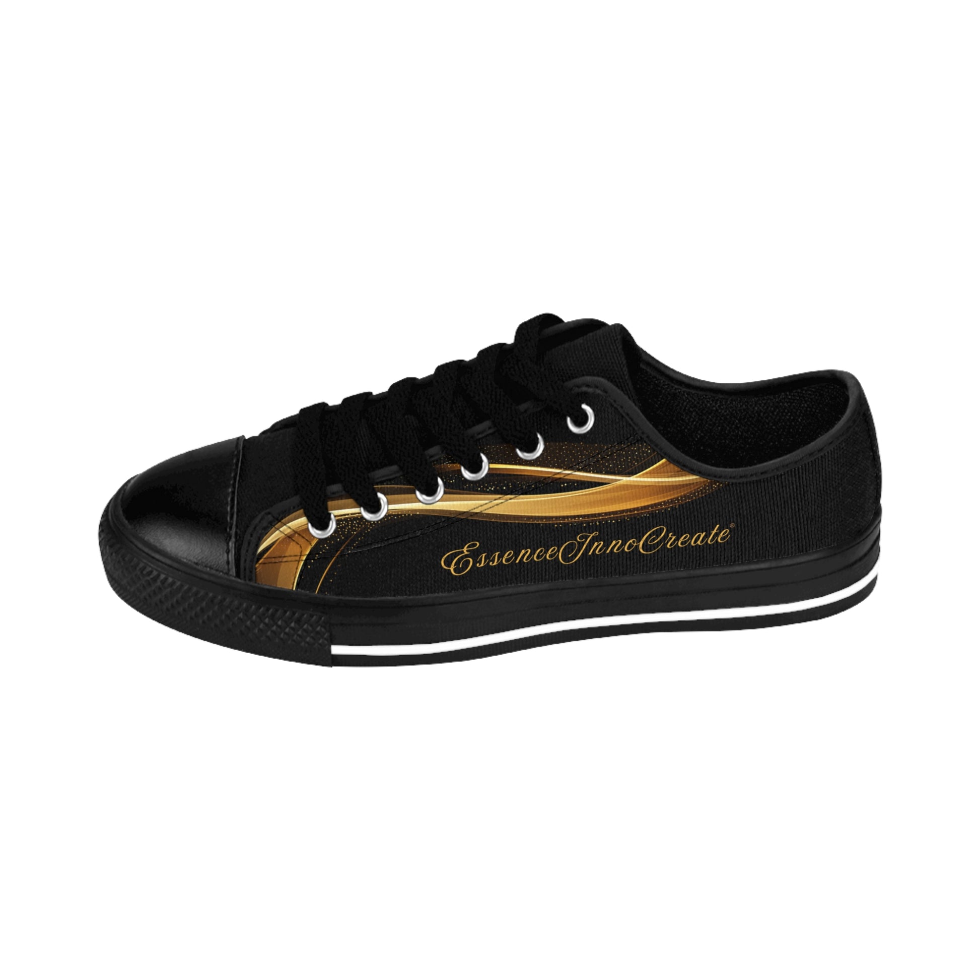 Black 'EssenceInnoCreate' sneaker with a gold emblem on a white background