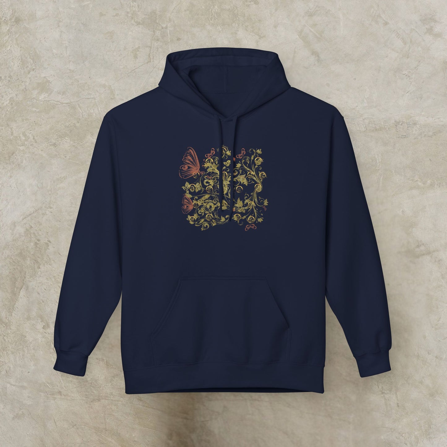 Navy blue hoodie with floral Essence Innovation Bohemian Butterfly design on a beige background