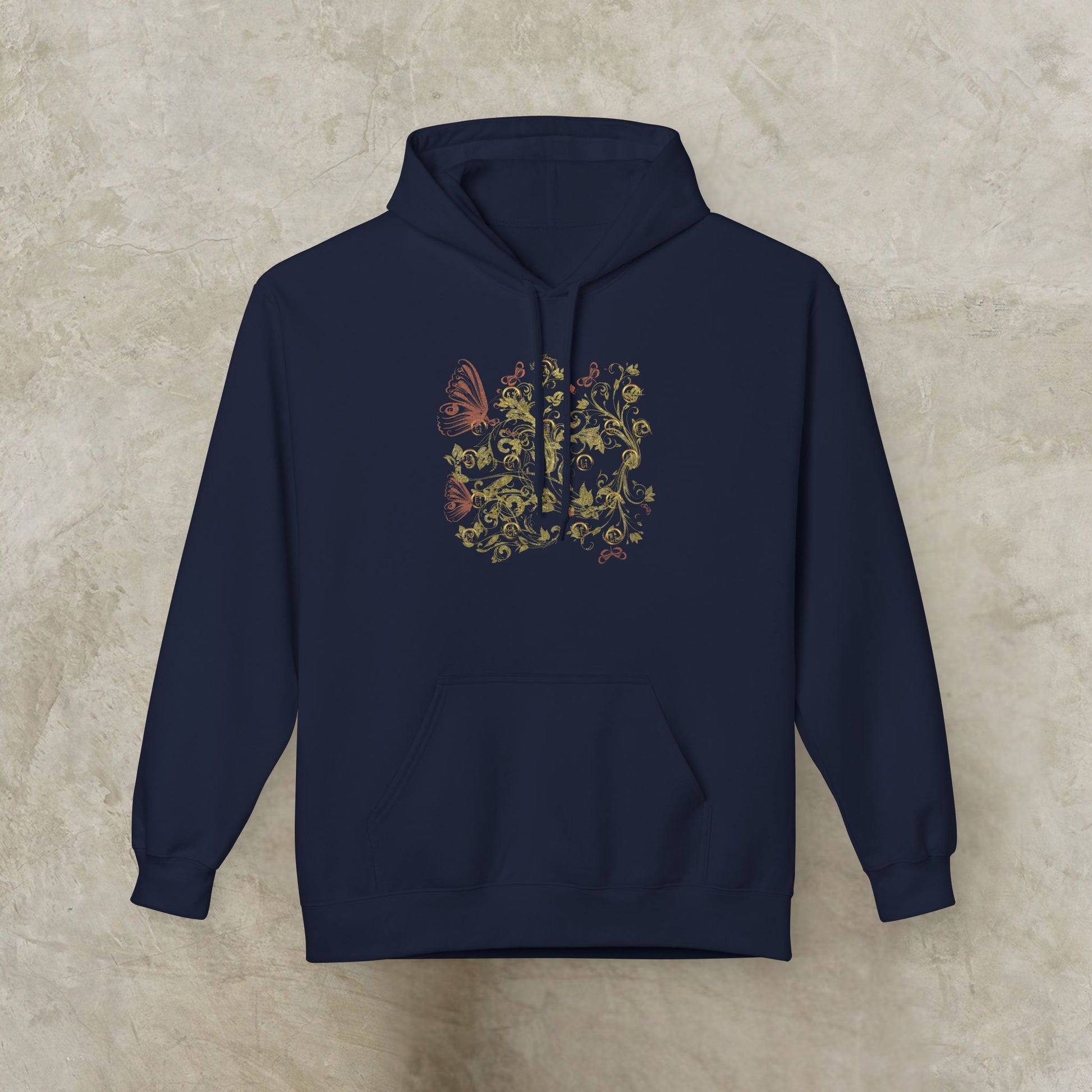 Navy blue hoodie with floral Essence Innovation Bohemian Butterfly design on a beige background