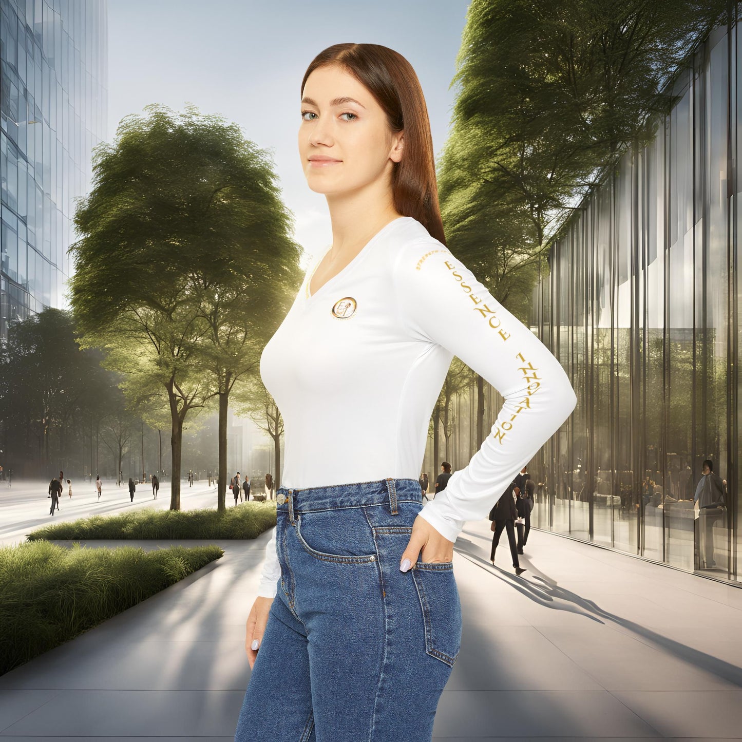 Woman in an Essence Innovation Seek More, white long-sleeve shirt and blue jeans standing in an urban setting with modern buildings and trees.