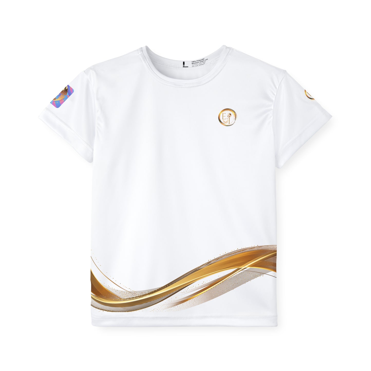 White t-shirt with gold Essence Innovation logo and designs on a white background