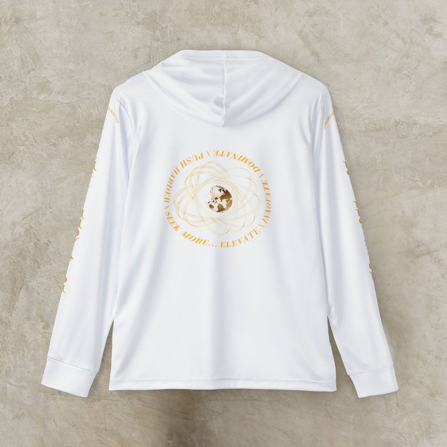 White Essence Innovation Seek More hoodie with gold design on a beige background