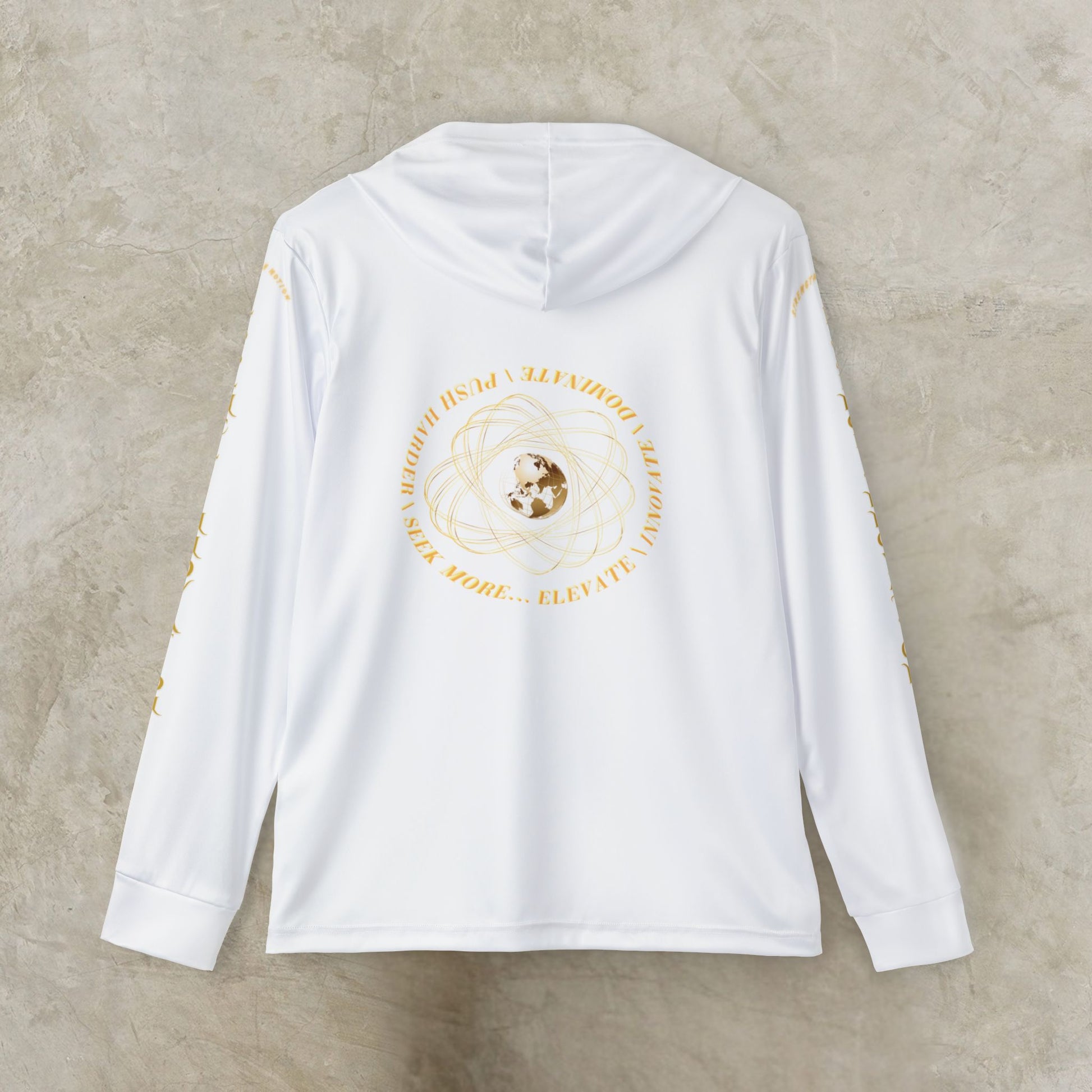 White Essence Innovation Seek More hoodie with gold design on a beige background