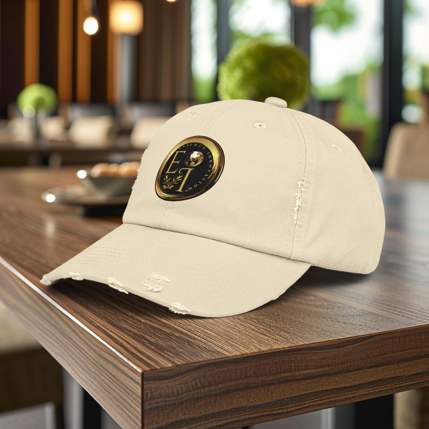 Beige Essence Innovation cap with a logo on a wooden table in a blurred indoor setting