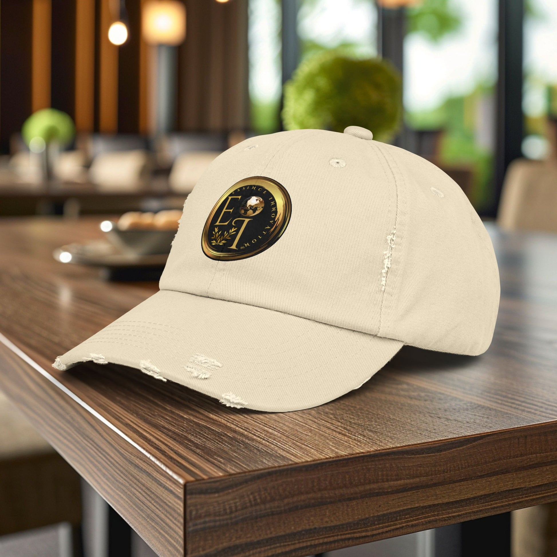 Beige Essence Innovation cap with a logo on a wooden table in a blurred indoor setting