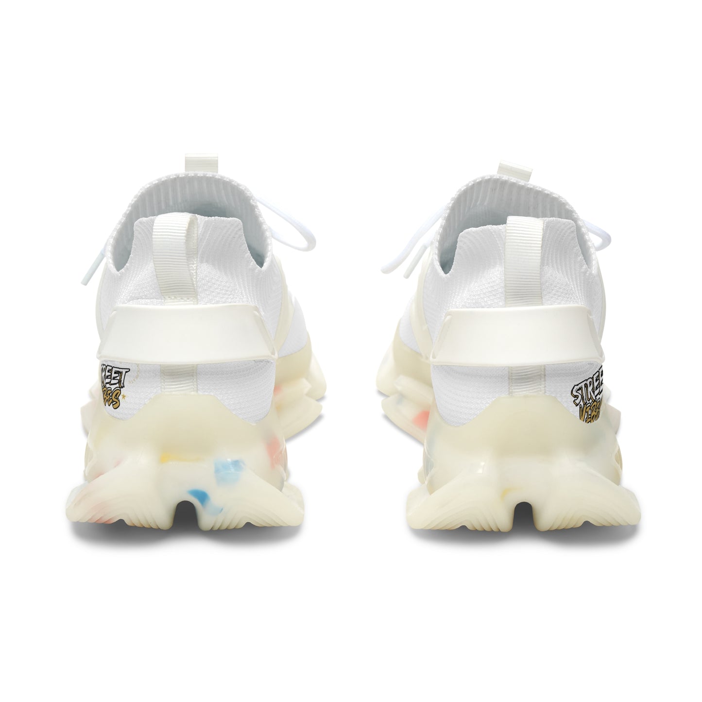 White Essence Innovation 'Street Vibes' sneakers with colorful sole on a white background