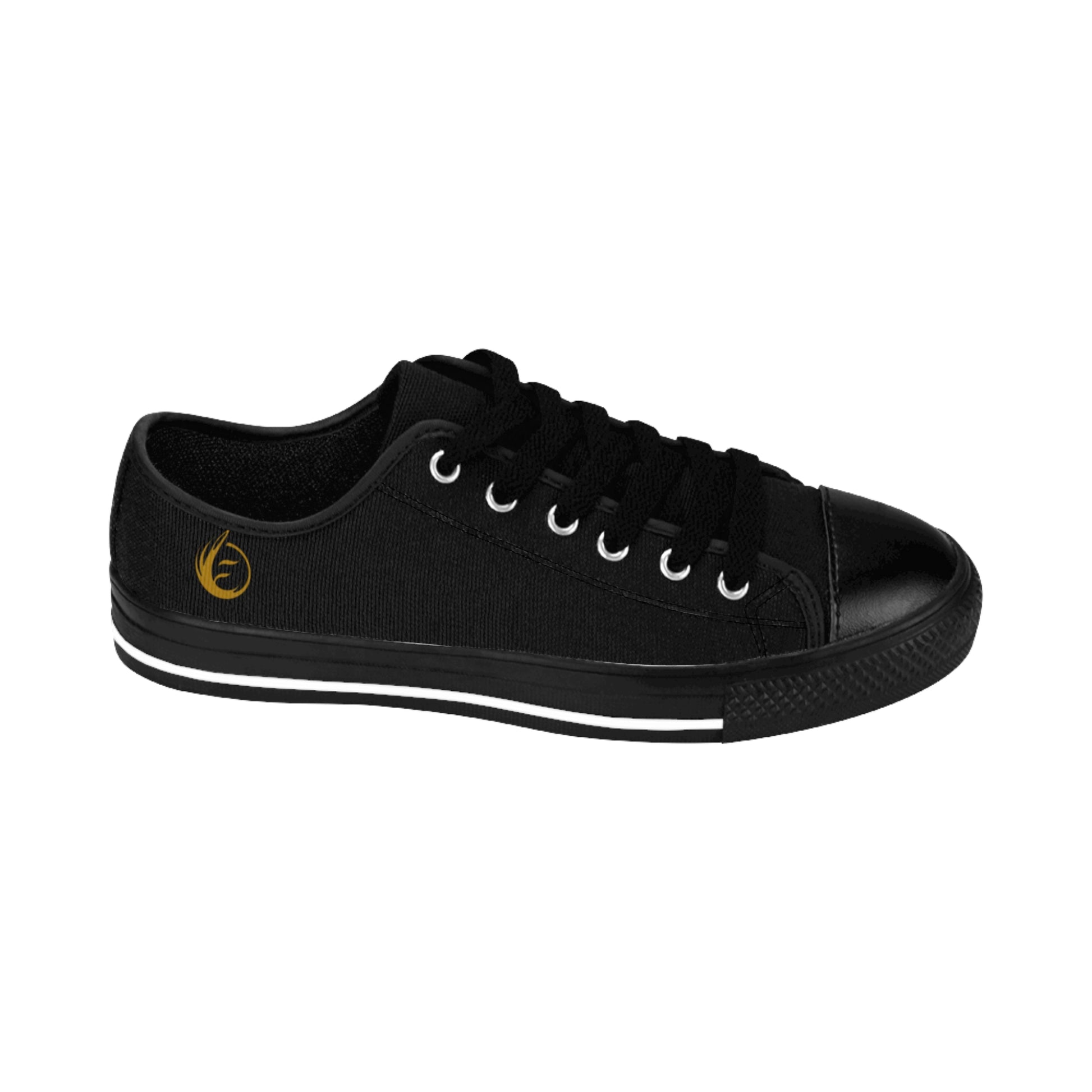 Black sneaker with a yellow EssenceInnoCreate logo on a white background