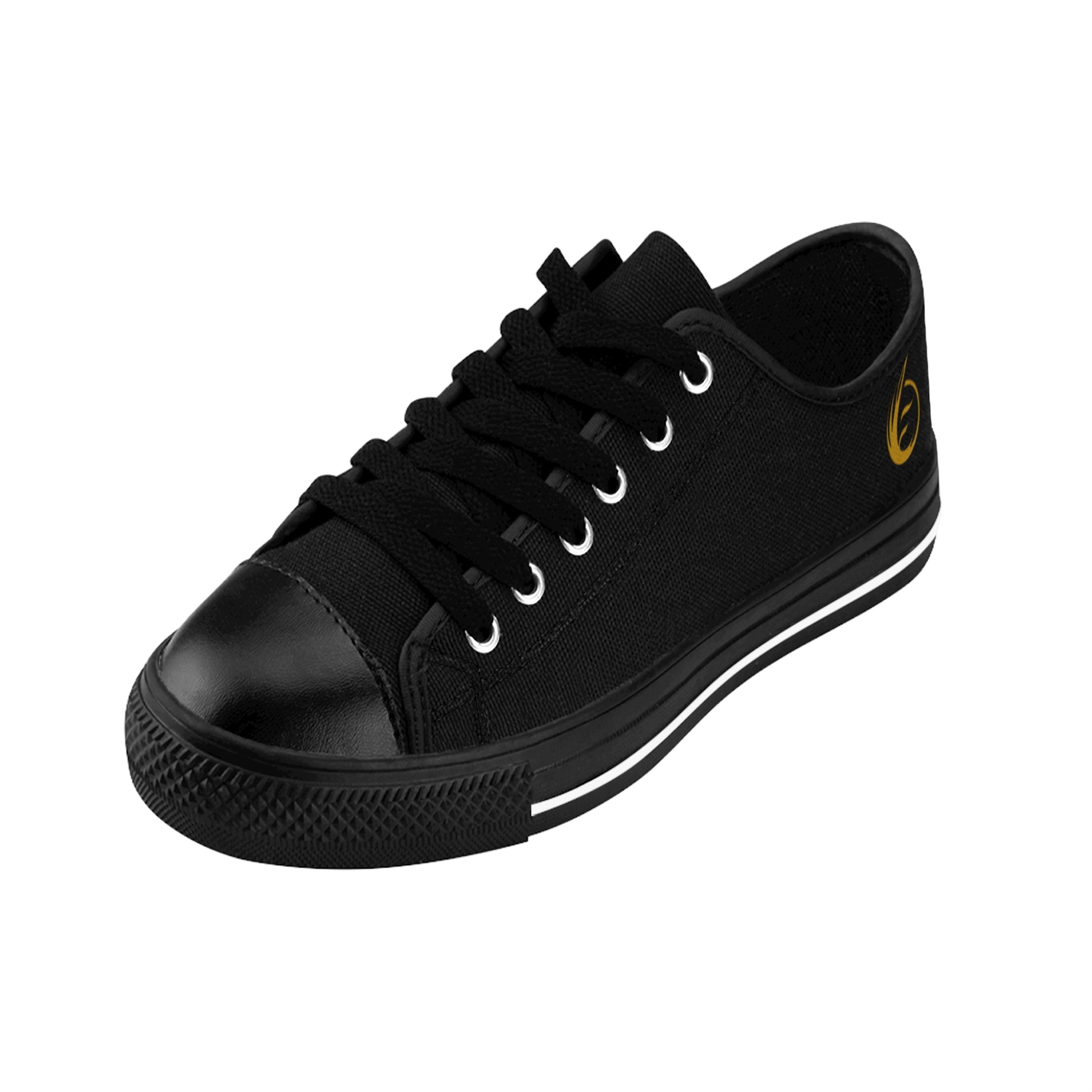 Black sneaker with a yellow EssenceInnoCreate logo on a white background