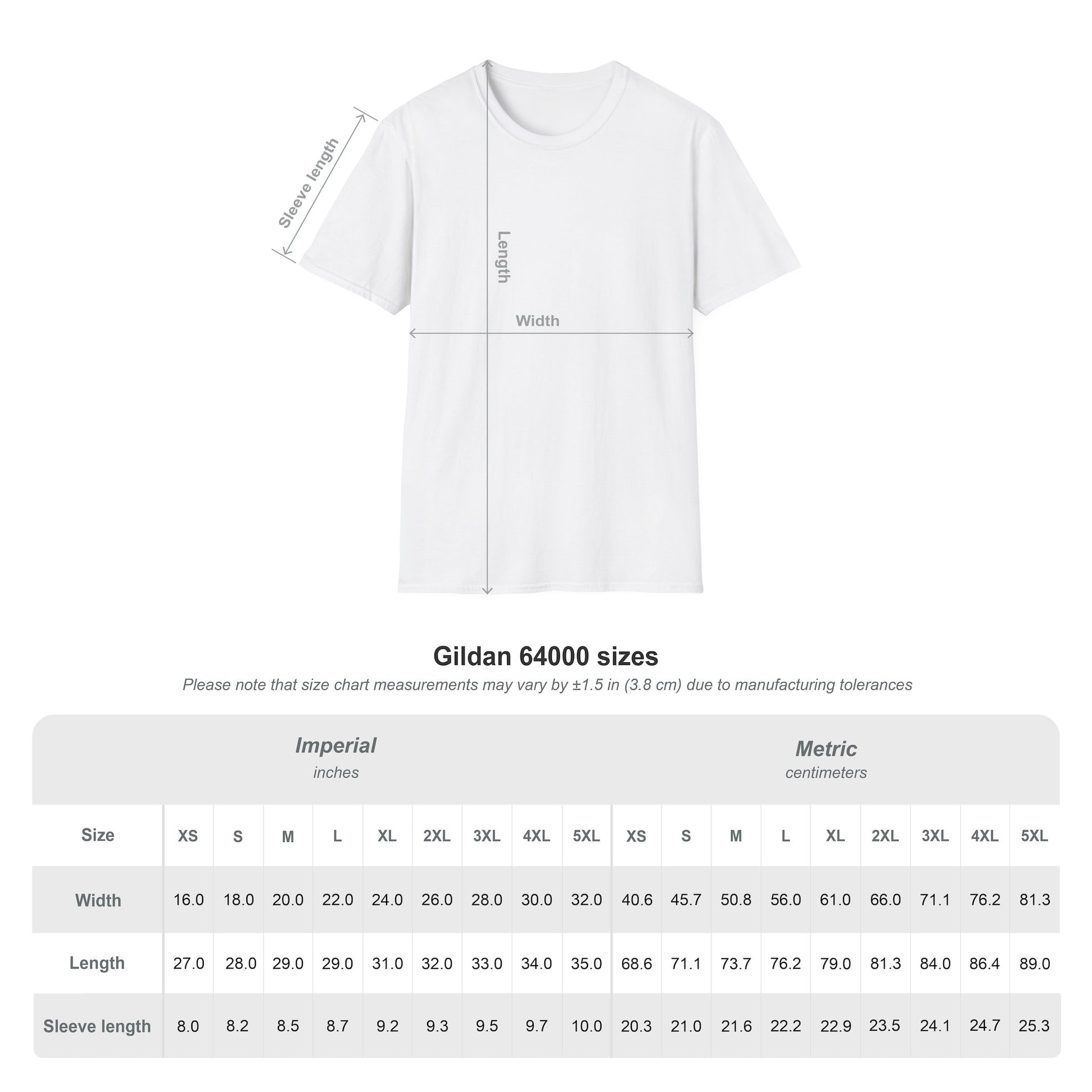 White 'One Life' t-shirt with size chart measurements on a white background