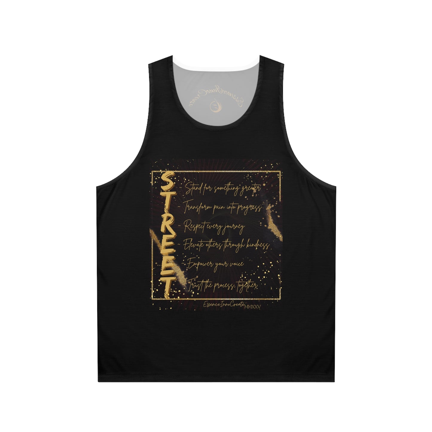 Black EssenceInnoCreate tank top with gold text design on a white background