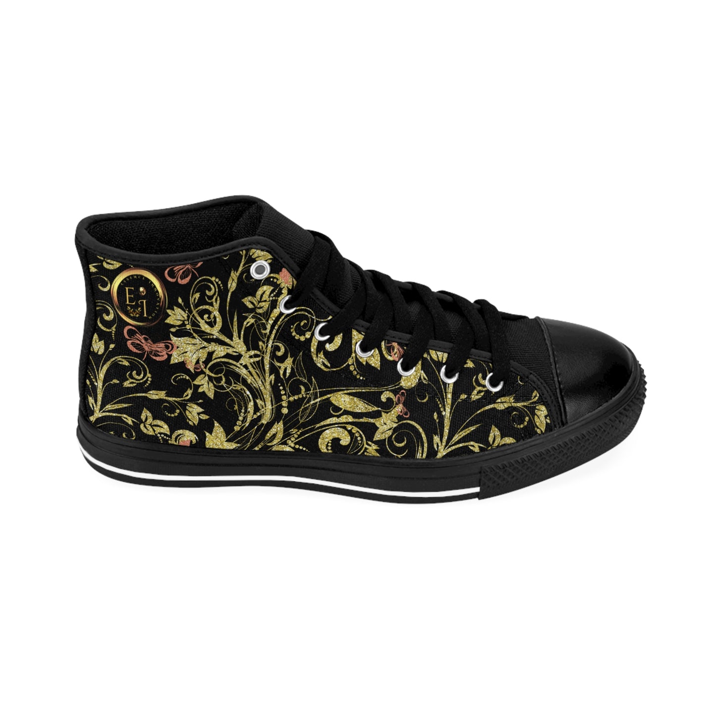 Black Essence Innovation high-top sneaker with gold floral pattern on a white background