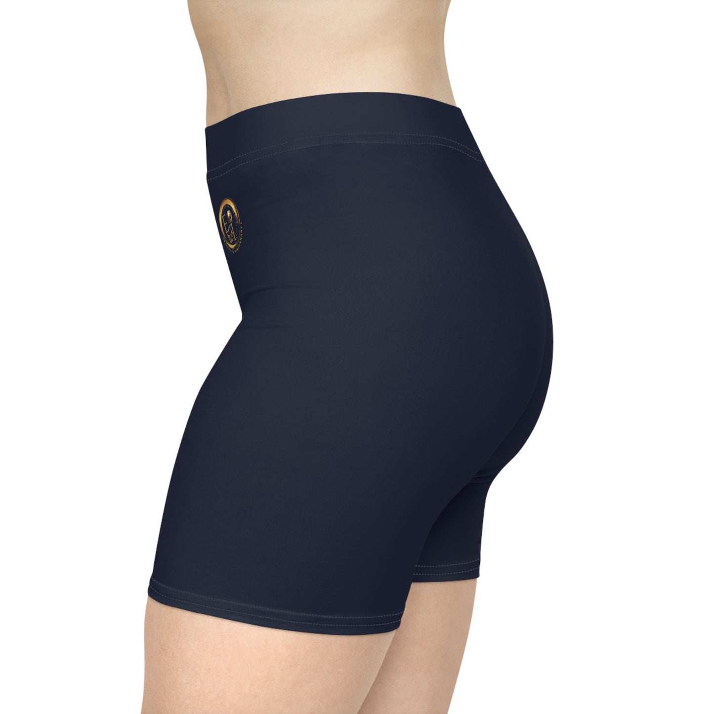Navy athletic shorts with gold text on a white background