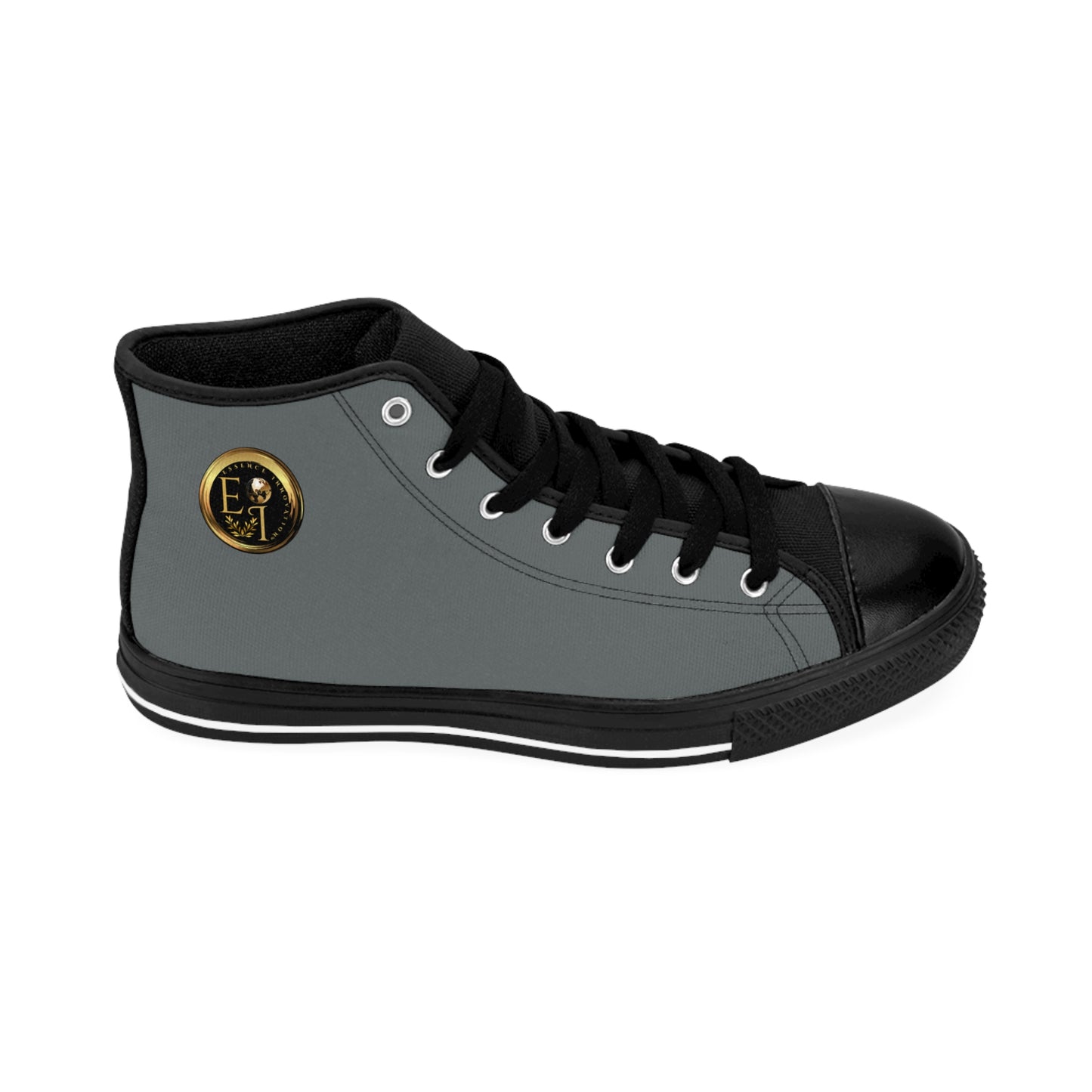 Grey canvas on black sole high-top 'Essence Innovation' sneakers with logo on a white background