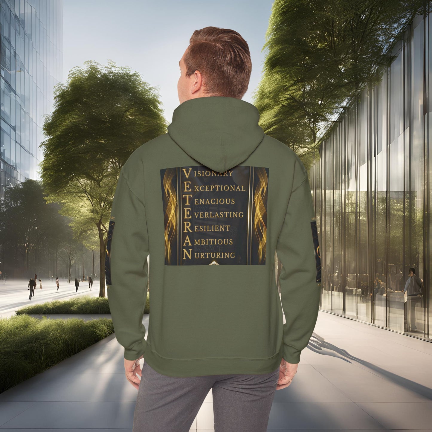 Person wearing a green Essence Innovation hoodie with text on the back in an urban setting