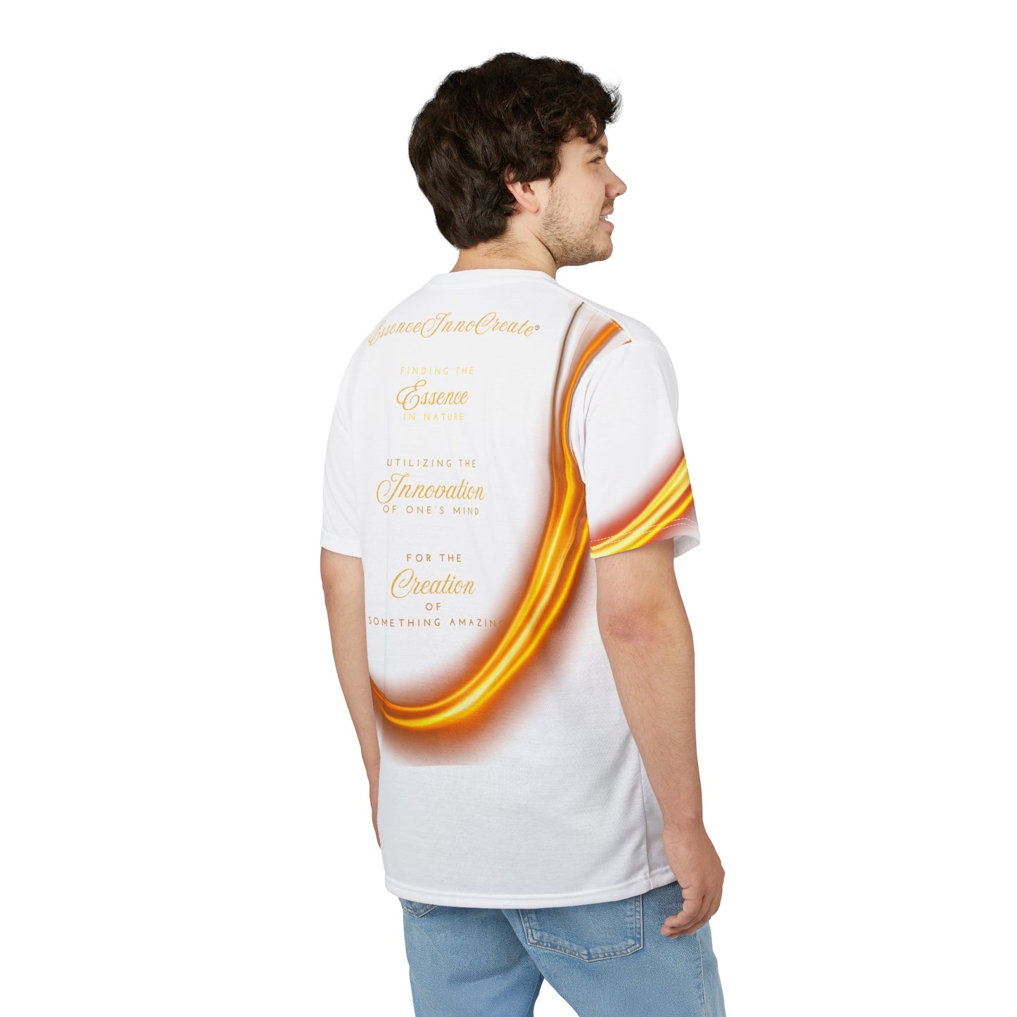 Man wearing a white t-shirt with a colorful design on the back, standing against a white background.