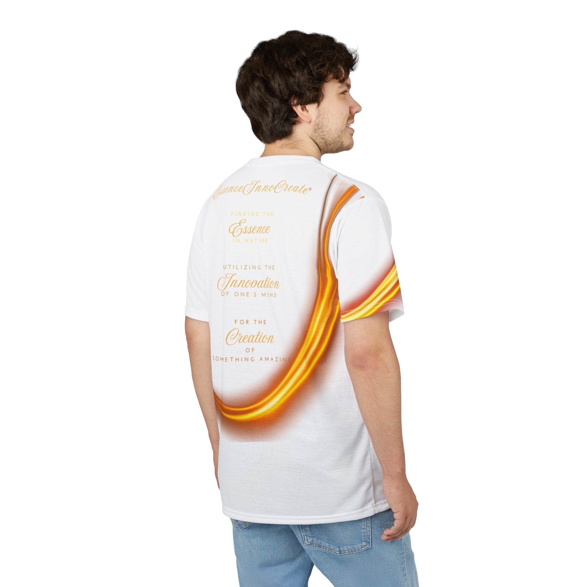 Man wearing a white t-shirt with a colorful design on the back, standing against a white background.