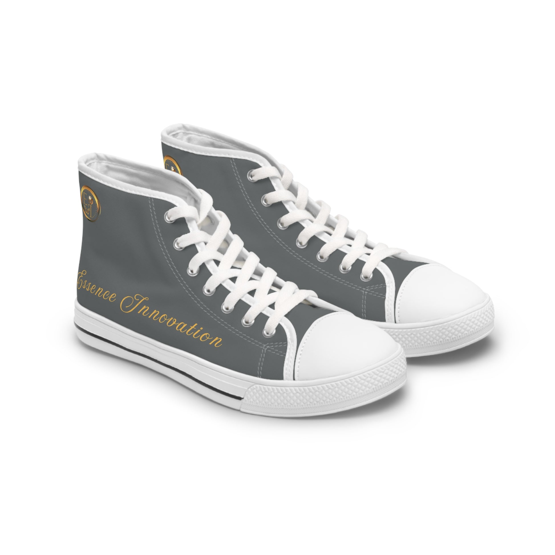 Gray high-top 'Essence Innovation' sneakers with white laces and text on a white background