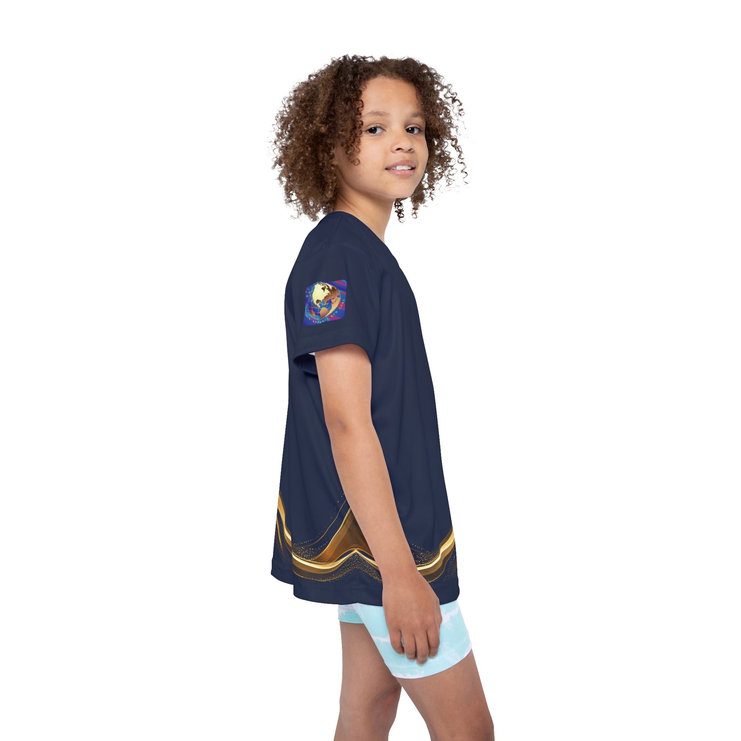 Child wearing a navy blue t-shirt with a colorful design on a white background