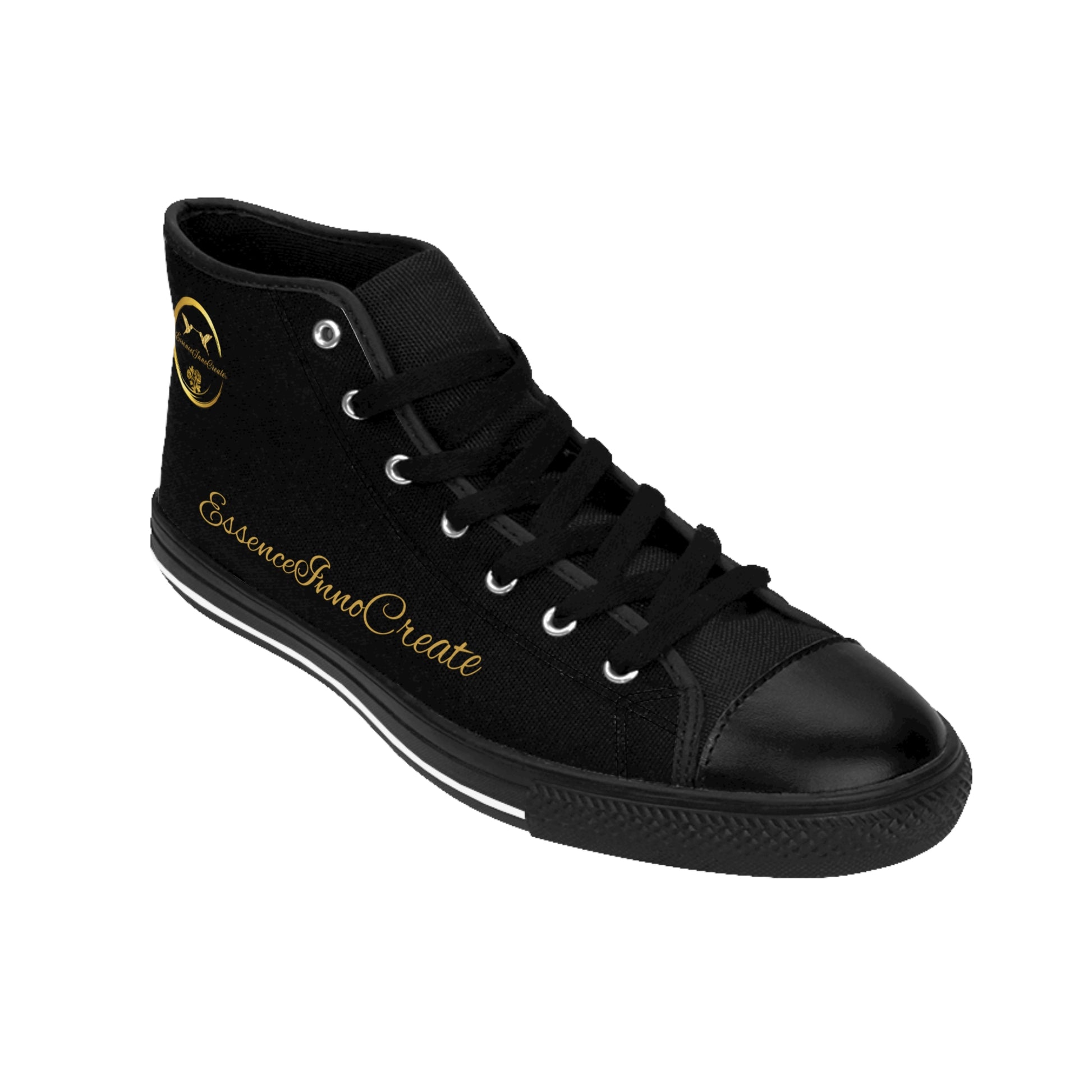 Black high-top 'EssenceInnoCreate' sneaker with gold logo and text on a white background