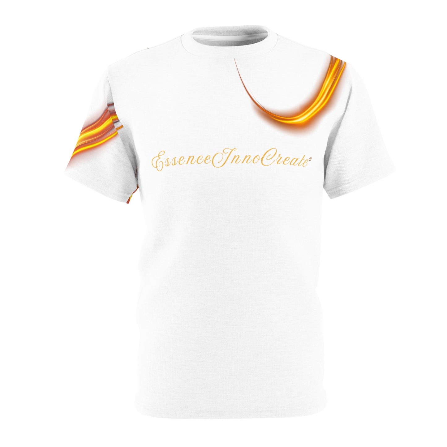 White t-shirt with colorful sleeves and 'EssenceInnoCreate' branding on a white background