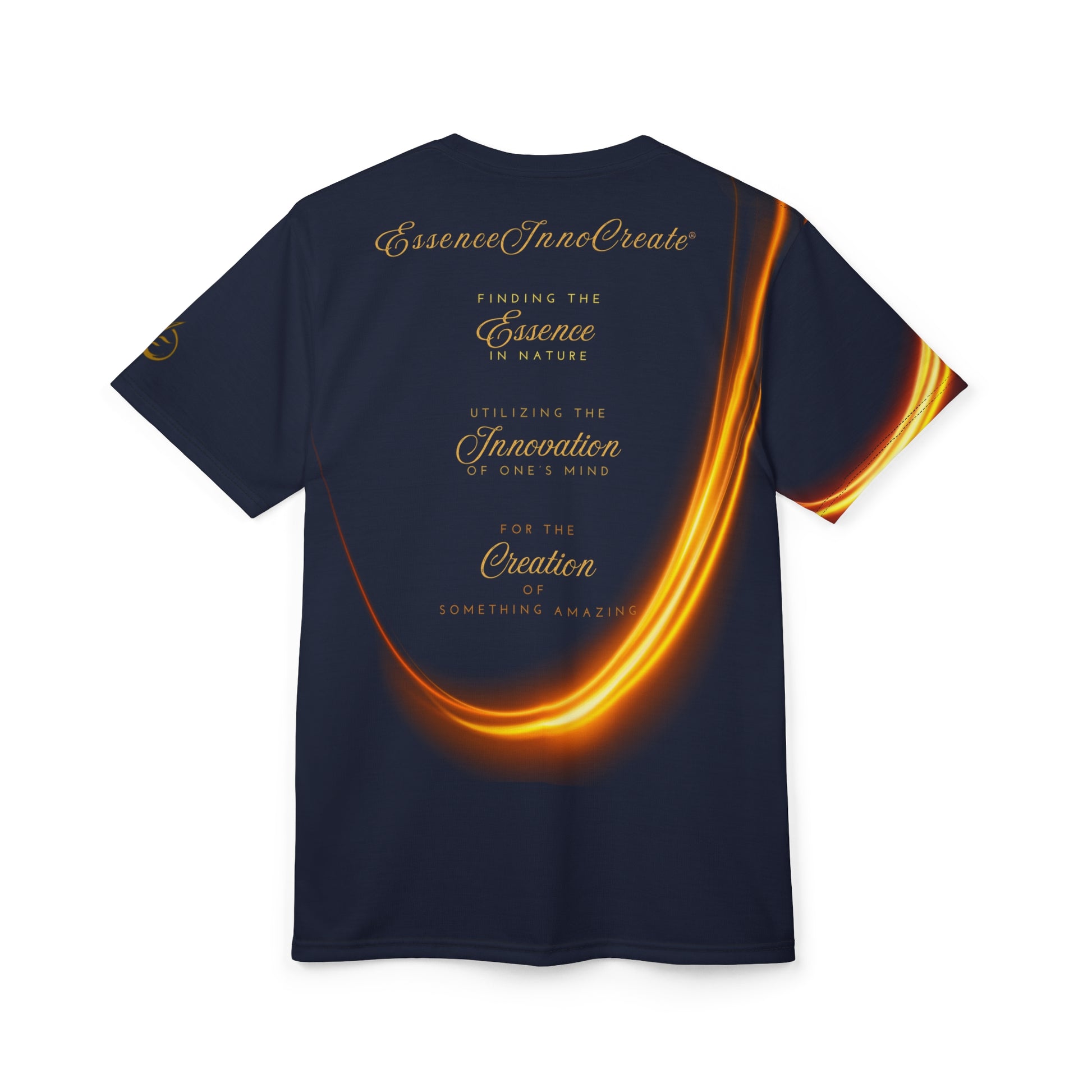 Navy blue t-shirt with orange design and text on a white background
