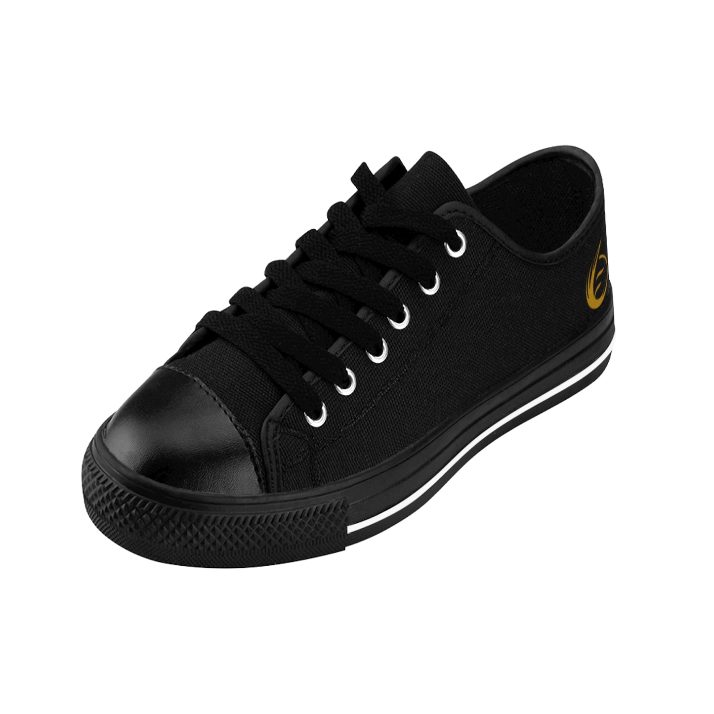 Black sneaker with a yellow EssenceInnoCreate logo on a white background