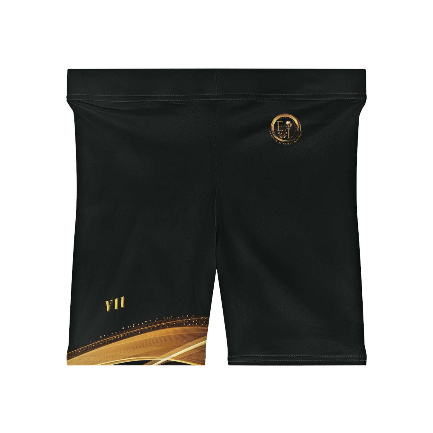 Black shorts with gold accents and logo on a white background