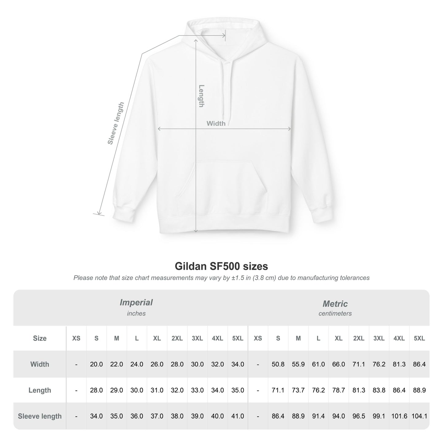 White Essence Innovation Bohemian Butterfly hoodie with measurement chart on a white background