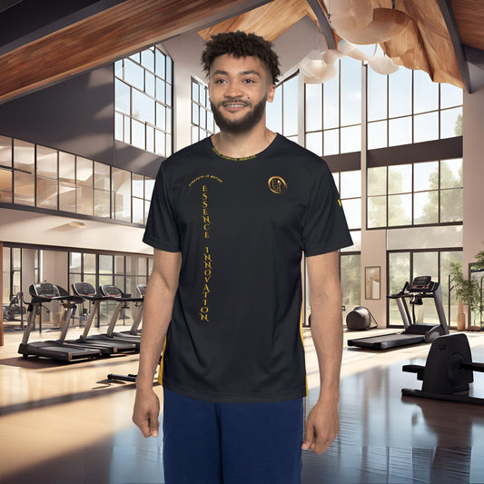 Man wearing a black t-shirt with gold Essence Innovation logo and text in a gym setting